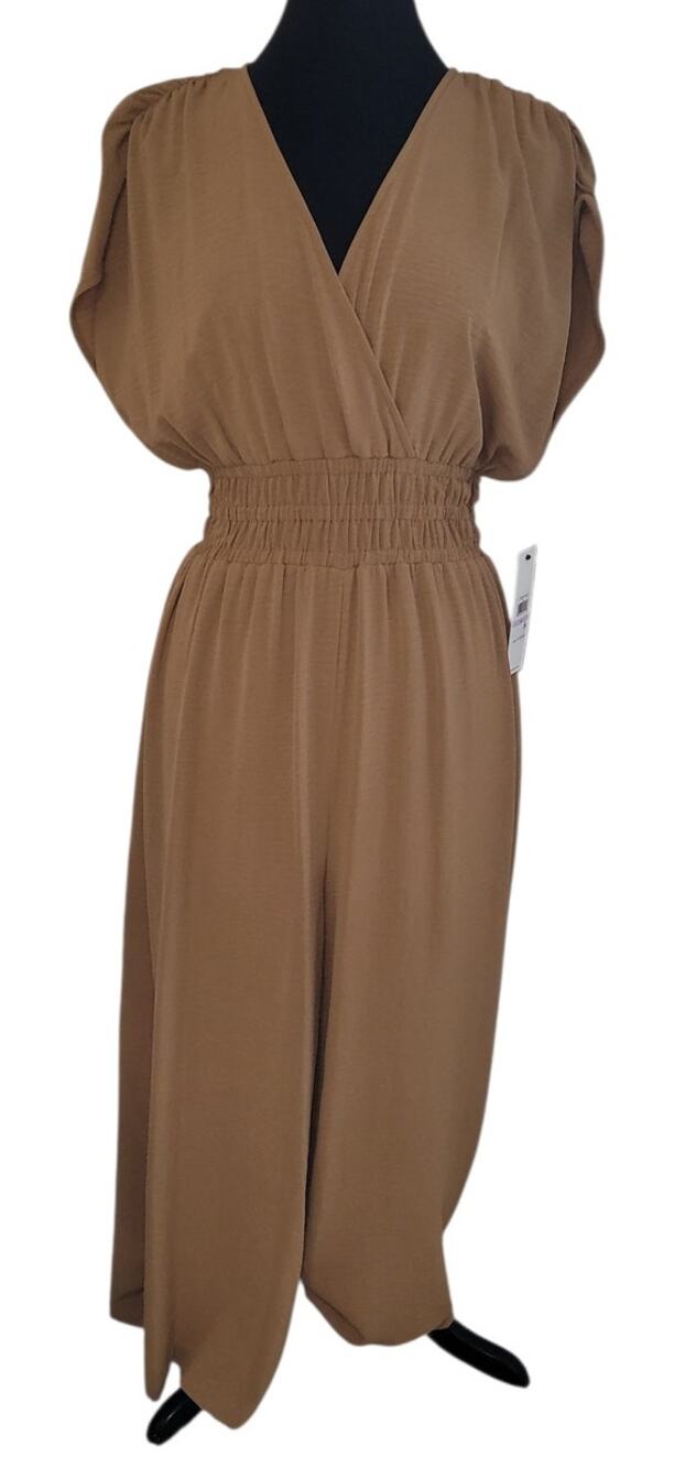NWT Calvin Klein Wide Leg Jumpsuit 6 Tan Crepe Minimalist Luxe Chic